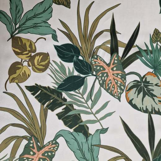 Die Blätter sind in verschiedenen Grüntönen gehalten. Der Grundton der Viskose ist cremefarben.